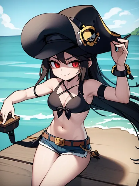 (masterpiece:1.3), (best quality:1.3), (cel shading:1.15), high resolution, extremely detailed cg, ((1girl)), ((solo girl)), ((female solo)), (small head), ((lustrous skin)), eyeliner, detailed face, best ratio four finger and one thumb BREAK (black pirate...