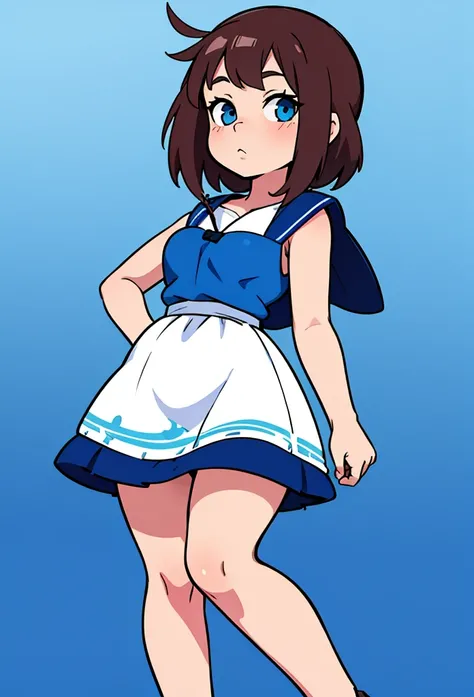 Anime girl in a maid outfit with a blue background, Loli im Kleid, kleine kurvige Loli, Anime Moe Kunststil, Full body portrait of a short!, Kantai-Kollektionsstil, Mihoyo-Kunststil, Marin Kitagawa Fanart, Fubuki, Charakter im Anime-Stil, ( Kellnerin ) Kiz...