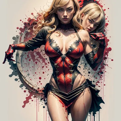 Yvonne Strahovski、Sticking out the navel、newyork、She wears a torn Spider-Man suit,wearing skirt、 Red and black color scheme,Dynamic、​masterpiece、top-quality、ultra-detailliert、ighly detailed、beautiful detailed brilliance、超A high resolution