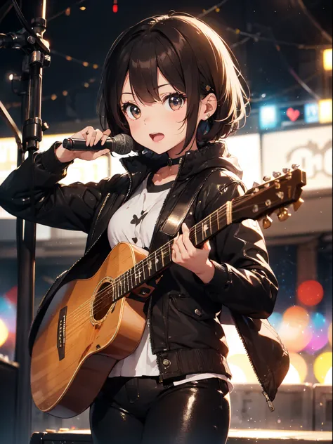 clean and simple background,1 girl,parka,Black leather pants,Solo, Rock singer, Short hair, Singing and playing the guitar, Cinematic, Concert Lighting, Dynamic Angle, Beautiful detailed glow, Full body, Cowboy Shot, Dreamy glow， (Bokeh:1.5)，masutepiece, s...