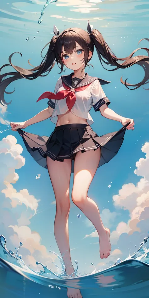 1girl,petite,loli,solo,longhair,skirt,sailorcollar,blackhair,navel,lookingatviewer,blackskirt7,miniskirt,barefoot,see-through,neckerchief,croptopoverhang,croptop,pleatedskirt,water,schooluniform,midriff,shirt,serafuku,twintails,verylonghair,fullbody,minisk...