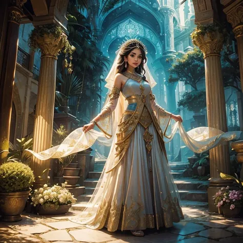 (disney&#39;s beautiful jasmine, with his ethnic arab costume, similar to a carpenter jasmine flower).,classic disney princess,exquisite arabic clothing,Bordado detallado,colores brillantes,Femenino y elegante,ambiente de princesa,tela fluida,postura elega...