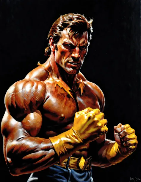 shine the sun on yourself，Contrast between darkness and light。

The resulting Stable Diffusion prompt is as follows：

"close-up of a man with a lightning bolt in his hand,strong and imposing muscular male hero, inspired by Joe Jusko, humanoid Balrog, bathe...