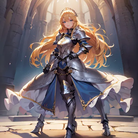 1 female, paladin, long blonde hair, blue eyes, tall, regal pose, full body, wearing armor, silver colored armor, smile, Ultra-detailed face, Highly Detailed Lips, Detailed Eyes