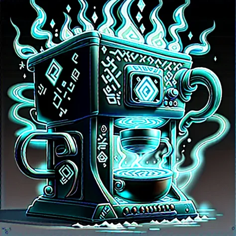 (IceMagicAI:0.6), GlowingRunesAIV2_paleblue, coffee machine from the 2000s