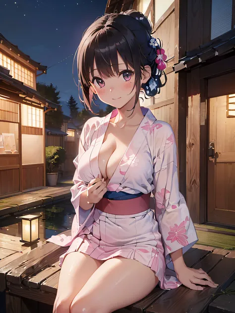 (​masterpiece:2.0), (top-quality:2.0), (sitting naked:1.5), (extremely mini skirt extremely small pink yukata:1.5), (super thin fabric:1.5), (sexypose:1.5), (blushed face:1.3), (barechested:1.3), (realistic:1.5), 1 little girl, precise hands, Embarrassed l...