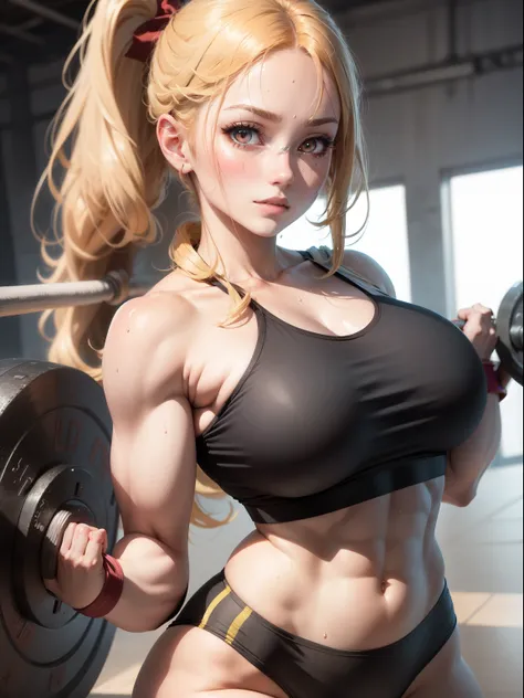 Best Quality, masutepiece,  High resolution, (Anime Heroine Illustration), Anime Paint, 1beautiful girl ,Dynamic Angle,Womens weightlifters ,small head,Large breasts,Trained abs,nice legs, Glowing skin, Sweat,At the weightlifting venue ,(Detailed beautiful...