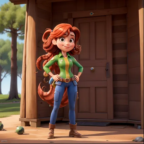 Obra-prima, de melhor qualidade, uma menina de cabelo longo com cachos, com armadura da mulher-maravilha, vestindo uma armadura de mulher-maravilha, Standing in the park, estilo disney pixar