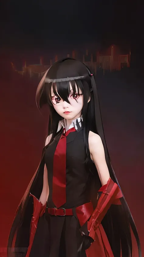 1 girl, akame, black hair,red eyes, long hair, black outfit, realistic, ultra detail, 70mm lens,