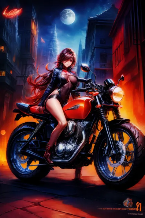 (tmasterpiece), (Best quality), (The finest details), (Distant panorama), (Postage stamps),(Illustration main color: bright saturated red), (Secondary color: lapis lazuli), A red cafe racer motorcycle，Powered by a woman with a defiant attitude, Very detail...