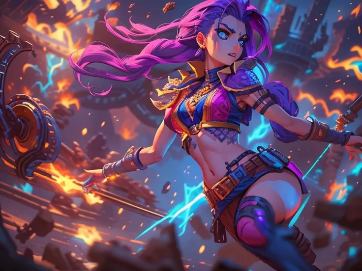 High resolution, ridiculous, very detailed beautiful face and eyes, perfect anatomy, (jinx, very beautiful humans), (2 super beauties, in battle, long shot), good lighting, cinematic shadows, Detailed background, action game UI, point game, pixel art, leag...