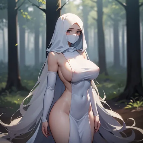 ((1 woman with a cloth covering her body)),(((face covered with a white cloth))),((completely naked)),((Huge breasts)), very long white hair, expressionless face, in standing, arms open, in an evil forest, at night,