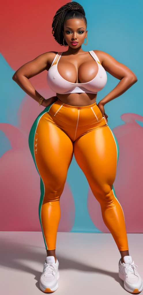 "An ultra-detailed 8k masterpiece of better quality and high saturation well focused. The image features an outfit illustration featuring a stunning stunning plus size African beauty woman wearing a super tight orange leggings outfit including super tight ...