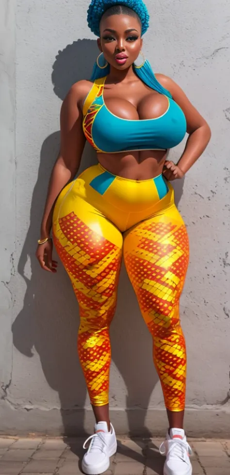 "An ultra-detailed 8k masterpiece of better quality and high saturation well focused. The image features an outfit illustration featuring a stunning stunning plus size African beauty woman wearing a super tight orange leggings outfit including super tight ...