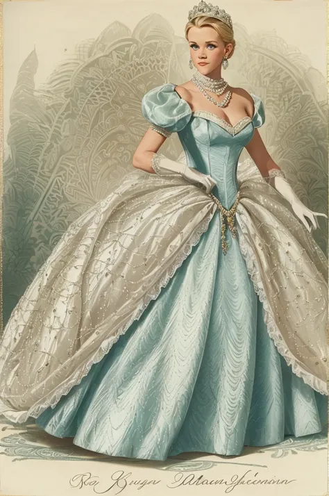 1950s royal style, Formal and Official Coronation Portrait, Portrait of a stunningly beautiful young blonde Reese Witherspoon as a Queen wearing A Stately and Elaborate Royal Cinderella Court Gown with (((enormous puffed sleeves))), an hourglass waist, and...