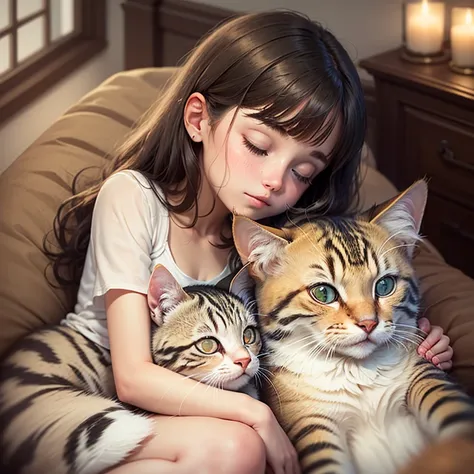 Create images that capture cozy, intimate moments between a little girl and her tabby cat.. Find moments to cuddle together, For example, When a girl is curled up on her knees and reading a book, There is a kitten sleeping on a girl&#39;s chest... Use warm...