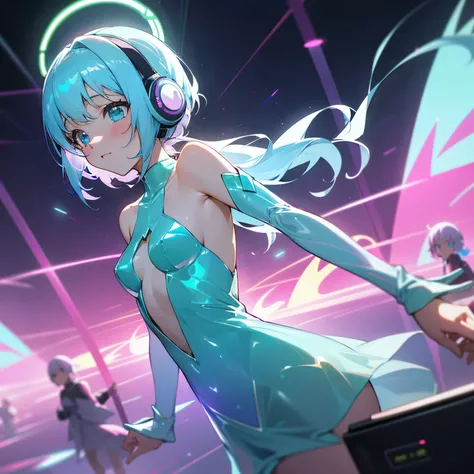 Estilo anime, 3 discos de neon flutuantes em ambiente branco iluminado, em cima dos discos flutuantes in sky , young girls dance on the records, they wear transparent holographic mini dresses, Shoulders on Display, holographic futuristic headphones, Random...