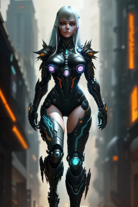 [SH4G0D:1], a beautiful cyborg warrior girl cyberpunk sensual vampiric beautiful body beautiful face in big breasts bionic legs bionic arms armor in an intricate futuristic cyberpunk city ultra detailed 8k extremely realistic[cabelo fluorescente:1]