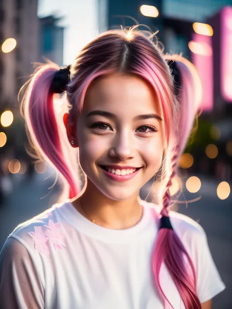 Portrait photo of a young girl, (laughing:0.7), pink ponytails hair, complex city background, backlit, (cinematic:1.5), epic realistic, hyperdetailed, insane details, intricate details, accent lighting, soft volumetric light, bokeh, (dramatic light:1.2), (...