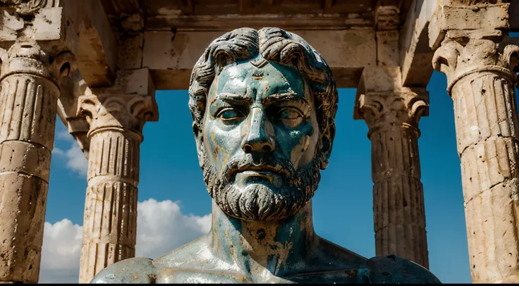 Ancient Stoic Statue With Very Angry Expression, tem barba, muitos detalhes em ambos os olhos, Outside, fundo atenas grego, open sky, com rosto extremamente detalhado full body view, Colors with low saturation with dark tone, Filmado em Sony A7S III com So...