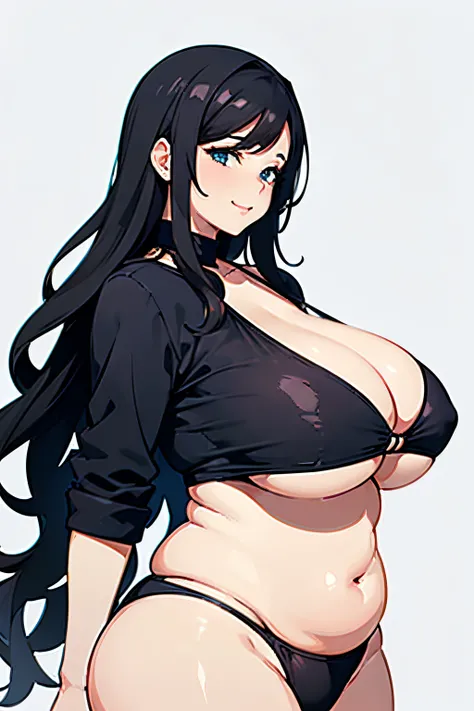 Side view, (masterpiece), (best quality), (illustration), simple white background, (pretty face), obese milf, overweight, fat, chubby, black hair, casual bikini, cleavage, huge boobs, smirk, looking to the front, belly, side view, simple white background