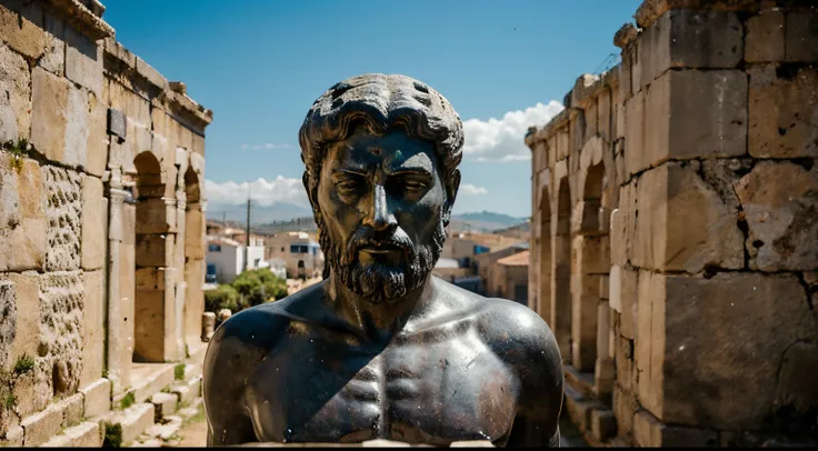 Ancient Stoic Statue With Very Angry Expression, tem barba, muitos detalhes em ambos os olhos, Outside, fundo atenas grego, open sky, com rosto extremamente detalhado full body view, Colors with low saturation with dark tone, Filmado em Sony A7S III com So...