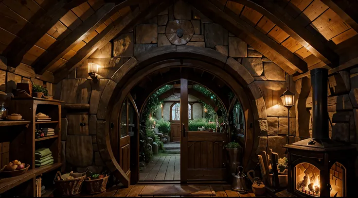 a hobbit house in a hobbiton village with opened door rainy night, rounded hobbit door, there a fireplace inside, a view from outside do inside, seeing the front of house