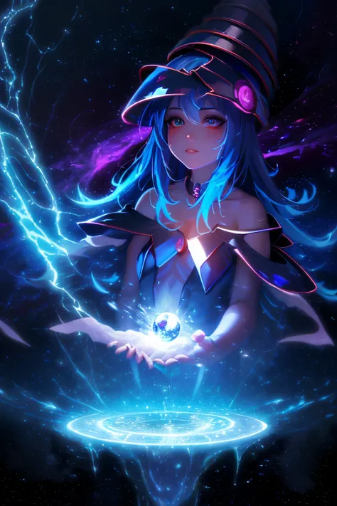 Dark magician gils. magos oscuros. Ojos azules. Cabello rubio. Labios rojos. Detailed features.., cosmic colors, Ethereal lighting, Pintura surrealista, High resolution, Otherworldly atmosphere, Seres celestiales. Hermosa diosa