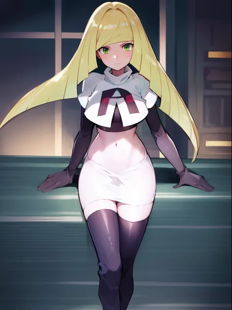 pokemonlusamine,green eyes,team rocket,team rocket uniform,white skirt,crop top,black thigh-high boots,black elbow gloves,