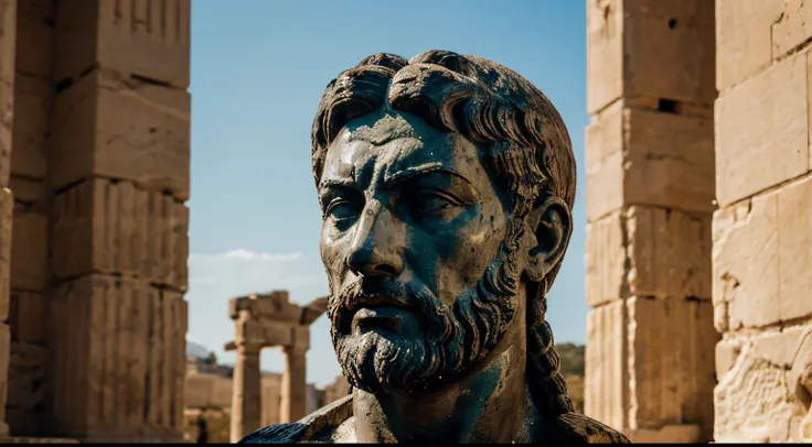 Ancient Stoic Statue With Very Angry Expression, tem barba, muitos detalhes em ambos os olhos, Outside, fundo atenas grego, open sky, com rosto extremamente detalhado full body view, Colors with low saturation with dark tone, Filmado em Sony A7S III com So...