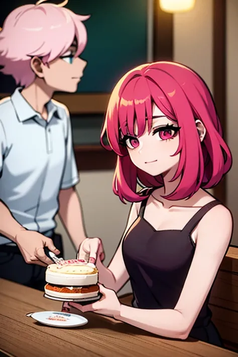 A pink haired woman with violet eyes is serving a birthday cake to a red haired woman with red eyes.