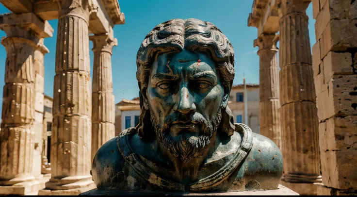 Ancient Stoic Statue With Very Angry Expression, tem barba, muitos detalhes em ambos os olhos, Outside, fundo atenas grego, open sky, com rosto extremamente detalhado full body view, Colors with low saturation with dark tone, Filmado em Sony A7S III com So...