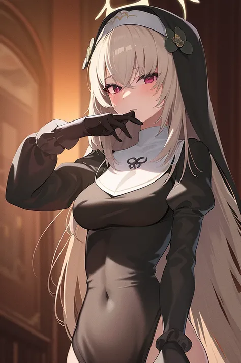 ((Extreme Detail)),(Ultra-detailed),(Painting), Chiaroscuro, the Extremely Detailed CG Unity 8K Wallpapers,Best Quality,sakurako, Black Leotard、large full breasts、Nun Hood, Halo, Closed mouth, from below looking up、hand to mouth, Looking at Viewer, Dynamic...