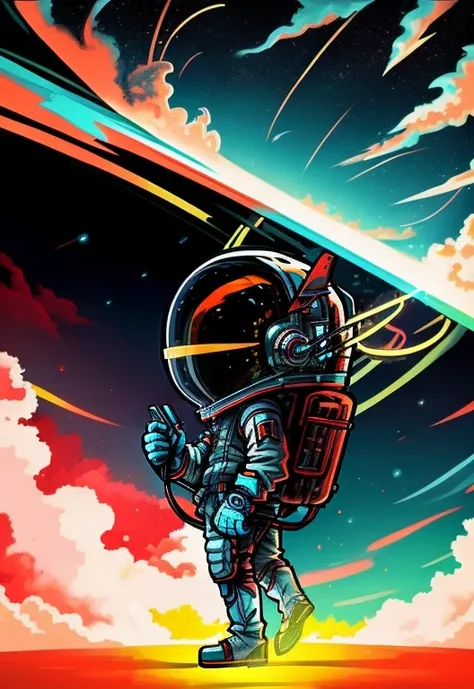 Full body astronaut looking at the sky in the middle of a colorful hurricane cartoon