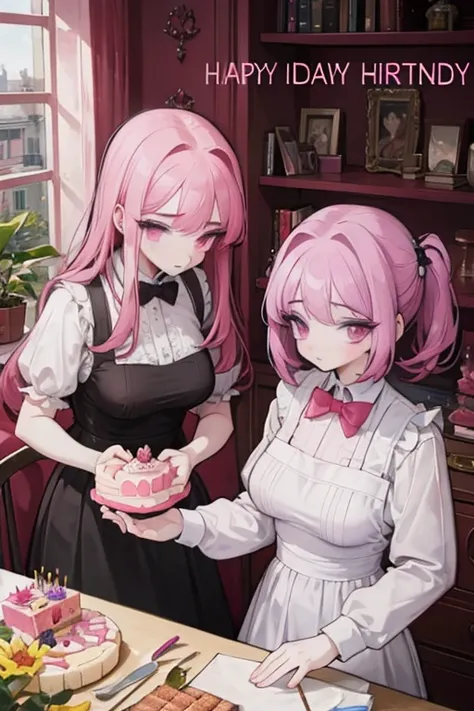 A pink haired woman with violet eyes is serving a birthday cake to a red haired woman with red eyes.