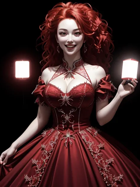 highly detailed, 8k, masterpiece, 1girl, Red tied_hair, dress , crazy_smile, (perfect_face), detailed_background, full_body, bloom,(beautiful lighting:1.3), caustics, dynamic lighting, from_below