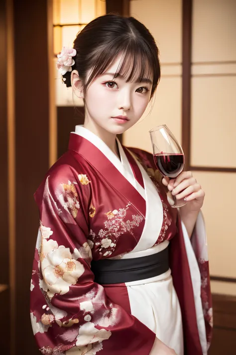 Best Quality, masutepiece, High resolution, (((1girl in))), sixteen years old,Red Eyes、wine colored kimono、((wine colored floral kimono)), Tindall Effect, Realistic, Shadow Studio, Red lighting, dual-tone lighting, (High Detail Skins: 1.2) Digital SLR, Pho...