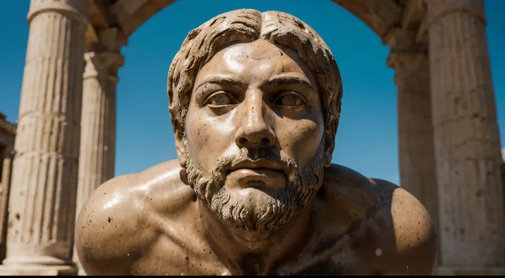 Ancient Stoic Statue With Very Angry Expression, tem barba, muitos detalhes em ambos os olhos, Outside, fundo atenas grego, open sky, com rosto extremamente detalhado full body view, Colors with low saturation with dark tone, Filmado em Sony A7S III com So...