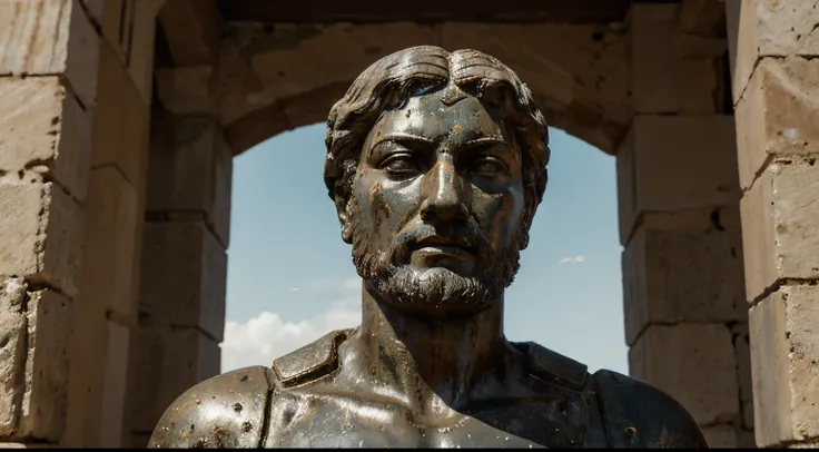 Ancient Stoic Statue With Very Angry Expression, tem barba, muitos detalhes em ambos os olhos, Outside, fundo atenas grego, open sky, com rosto extremamente detalhado full body view, Colors with low saturation with dark tone, Filmado em Sony A7S III com So...