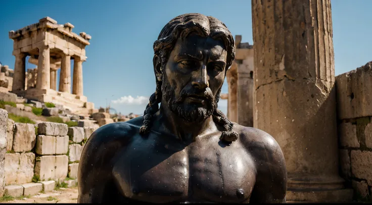 Ancient Stoic Statue With Very Angry Expression, tem barba, muitos detalhes em ambos os olhos, Outside, fundo atenas grego, open sky, com rosto extremamente detalhado full body view, Colors with low saturation with dark tone, Filmado em Sony A7S III com So...