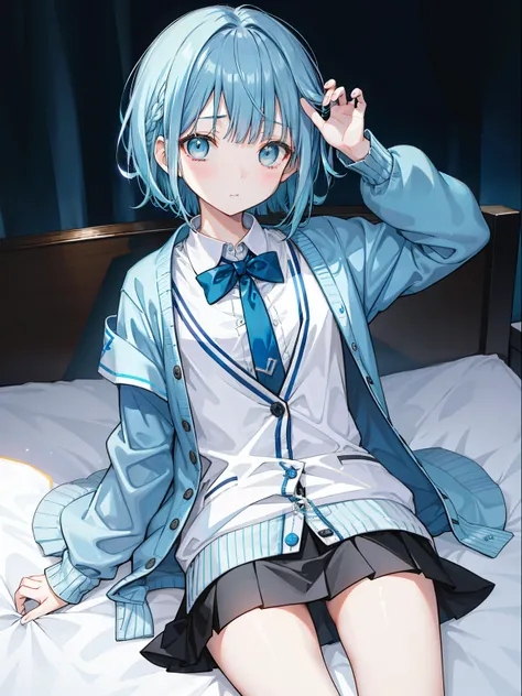 flat chest、Blunt bangs、1girl in,night bedroom、lightblue hair、Black tie、light blue cardigan、Black miniskirt、Shining eyes and shy face