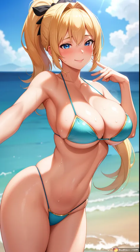 (best quality:1.5, highres, UHD, 4K, detailed lighting, shaders, perfect hand anatomy), blonde ponytail, large breasts, bikini, sweaty:1.2, (pov, close shot), smiling, blushing:1.2