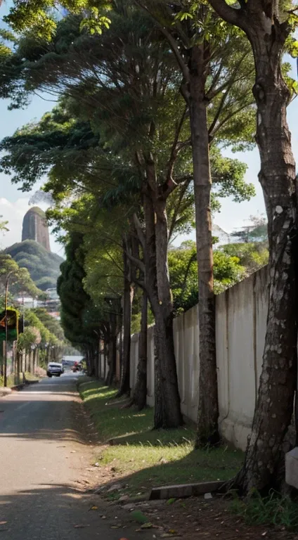 Paisagem arvores frondosas, rio ao centro da imagen com nascente em uma montanha