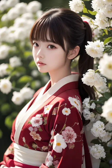 The background is a world of white flowers、Best Quality, masutepiece, High resolution, (((1girl in))), sixteen years old,Red Eyes、Dark red kimono、((Dark red floral kimono)), Tindall Effect, Realistic, Shadow Studio, Red lighting, dual-tone lighting, (High ...