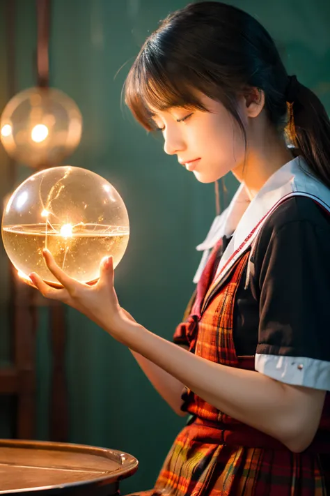 schoolgirls, starrysky, hands holding crystal ball