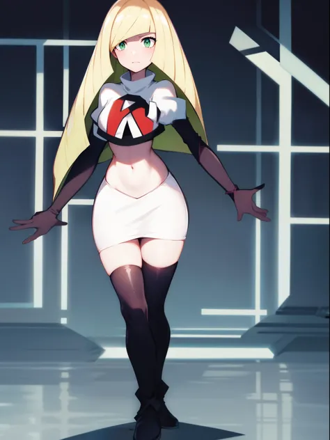 pokemonlusamine,green eyes,team rocket,team rocket uniform,white skirt,crop top,black thigh-high boots,black elbow gloves,