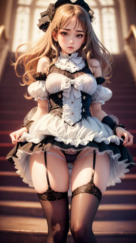 Luxurious Lolita Dresses、Longer dress、childish figure、Solo,32K、 super precision, (Transparent material), ultra gorgeous,nice cameltoe, Glossy crystal, Cinematic lighting, Curly hair, Roman Karl, (Glaring)、frilld, cloudy, Alice in Wonderland, dramatic compo...