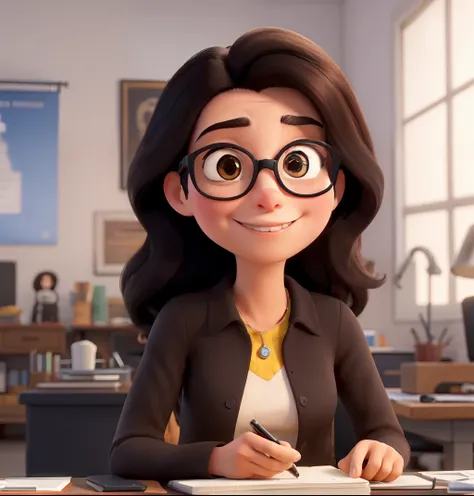 Obra-prima, de melhor qualidade, A woman with brown glasses, a graphic designer, with a notebook and a cell phone in her hand, long straight black hair, Disney Pixar