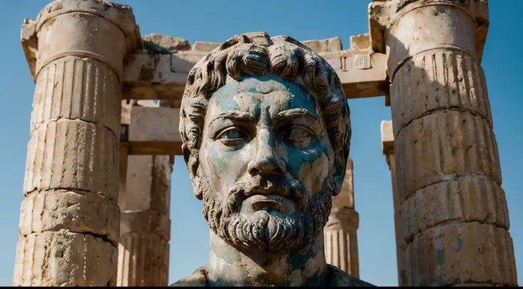 Ancient Stoic Statue With Very Angry Expression, tem barba, muitos detalhes em ambos os olhos, Outside, fundo atenas grego, open sky, com rosto extremamente detalhado full body view, Colors with low saturation with dark tone, Filmado em Sony A7S III com So...