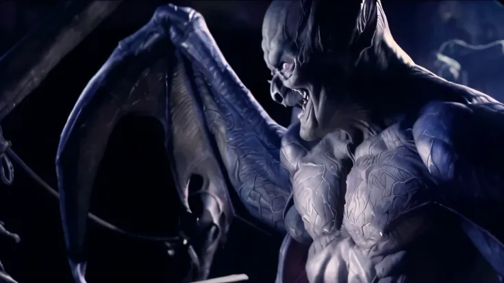 a close up of a man with a bat in his hands, photo of demon gollum, one a demon-like creature, one a demon - like creature, male djinn man demon hybrid, guyver, guyver style, in batman : arkham knight, screenshot from morbius (2022), male vampire of clan b...